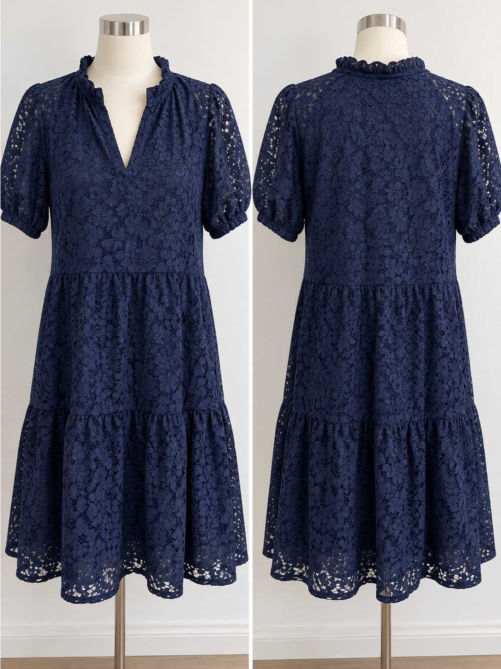 CeCe Navy Lace Tiered Midi Dress with Ruffled Neck